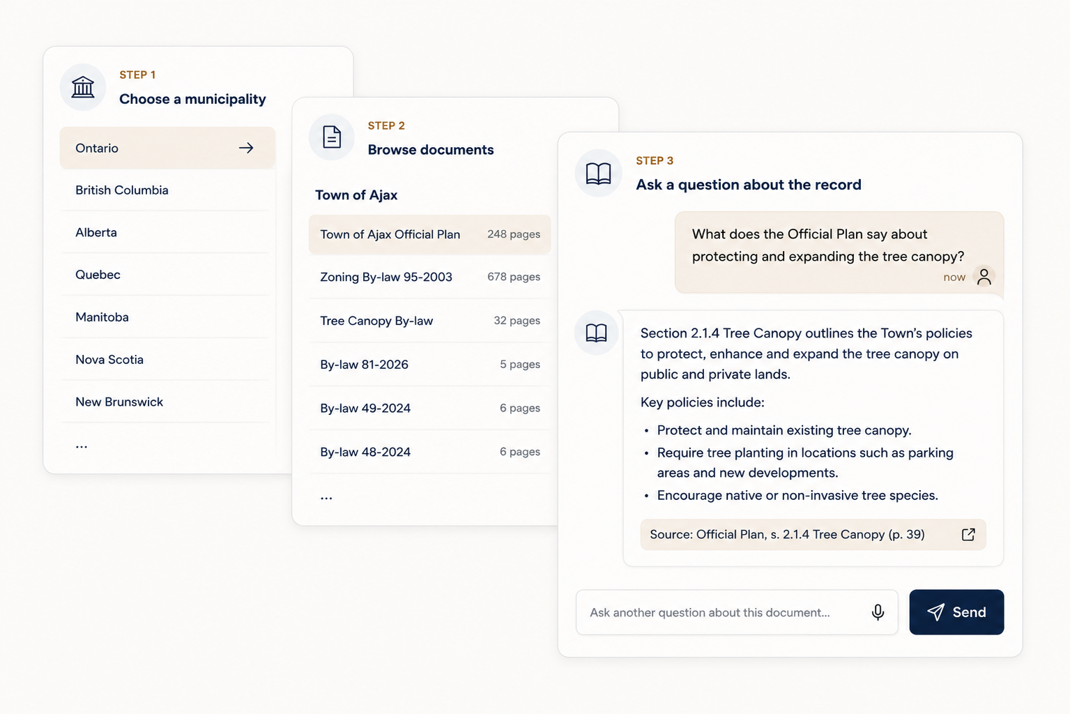 Municipal Library sequence: choose a municipality, browse official documents, then ask a question answered directly from the record with the source cited.