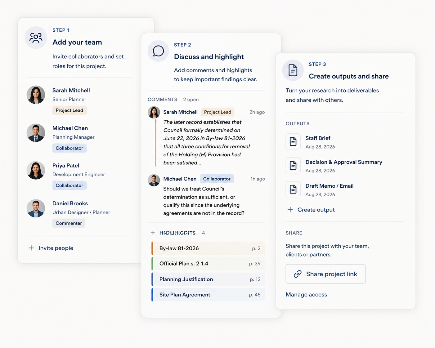 Project Workspace sequence: add your team, discuss and highlight findings, then create outputs and share them.